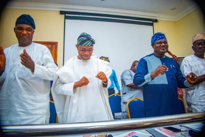 Former Minister of Interior, Ogbeni Rauf Aregbesola (middle), former Secretary to the State Government of Osun, Alh. Moshood Adeoti (left) and the former State Party Chairman of the APC in Osun, Elder Adekomi Adebiyi at the launch of Omoluabi APC Caucus in Ilesa, Osun State on Tuesday 22nd of August, 2023