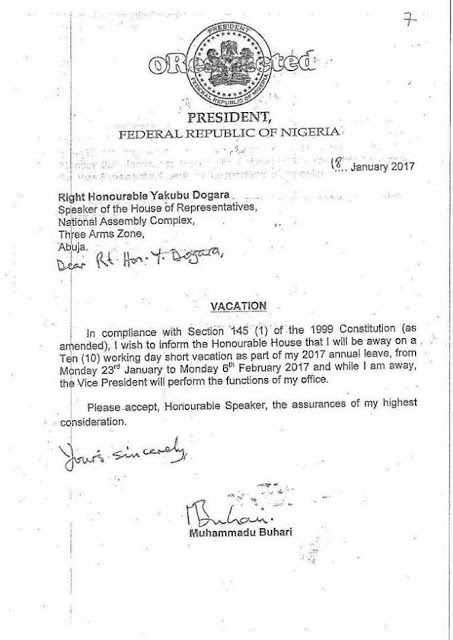See Previous Letters Sent By Buhari To NA Confirming Osinbajo As Acting President