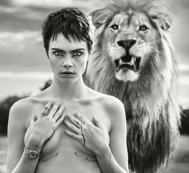 Cara Delevingne Poses Topless With Lion