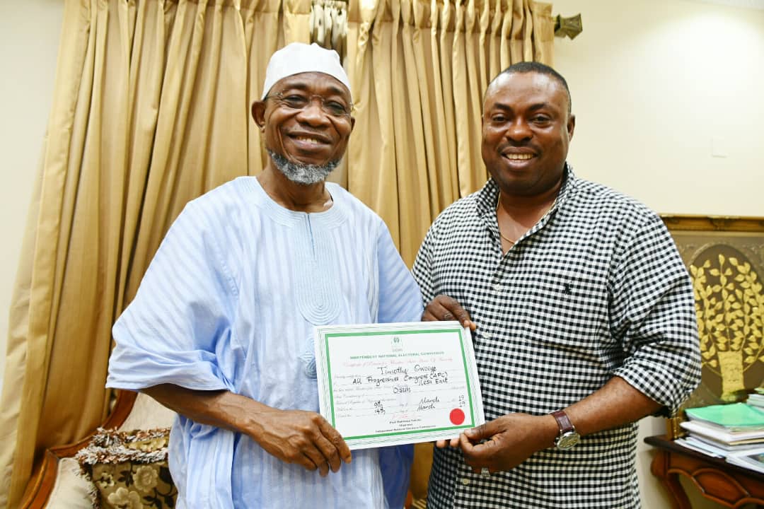 Aregbesola Congratulates Owoeye As Osun Assembly Member-Elect Presents Him Certificate Of Return