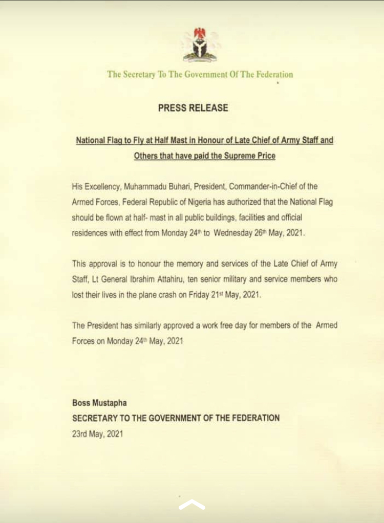 Buhari Declares Public Holiday, Three Day National Mourning
