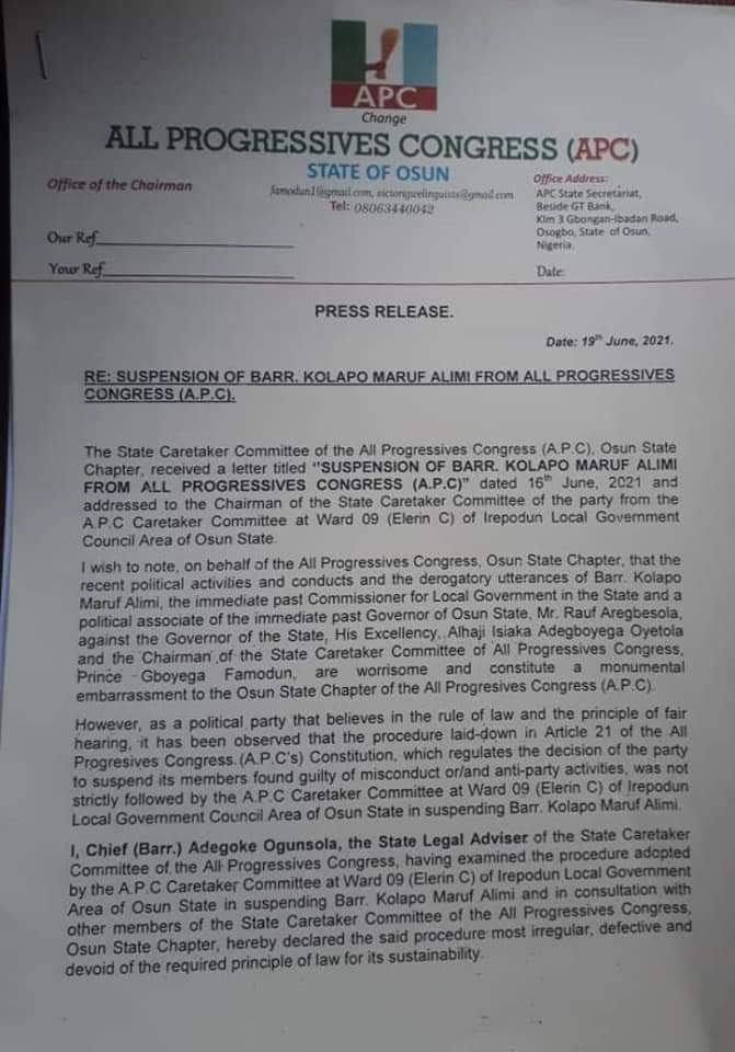 Breaking: Osun APC declares Suspension of Aregbesola Loyalist Null And Void