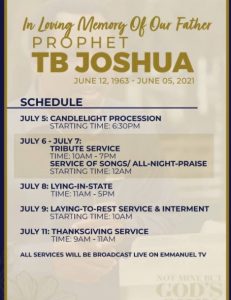 Synagogue Church Announces Funeral Details Of T.B Joshua