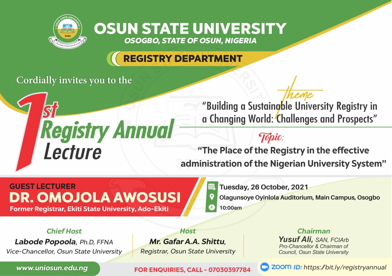 UNIOSUN Set To Hold 1st Registry Annual Lecture
