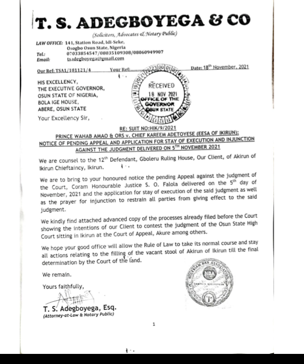 Gboleru Ruling House Writes Oyetola, Wants Compliance With Law In Installing Akirun