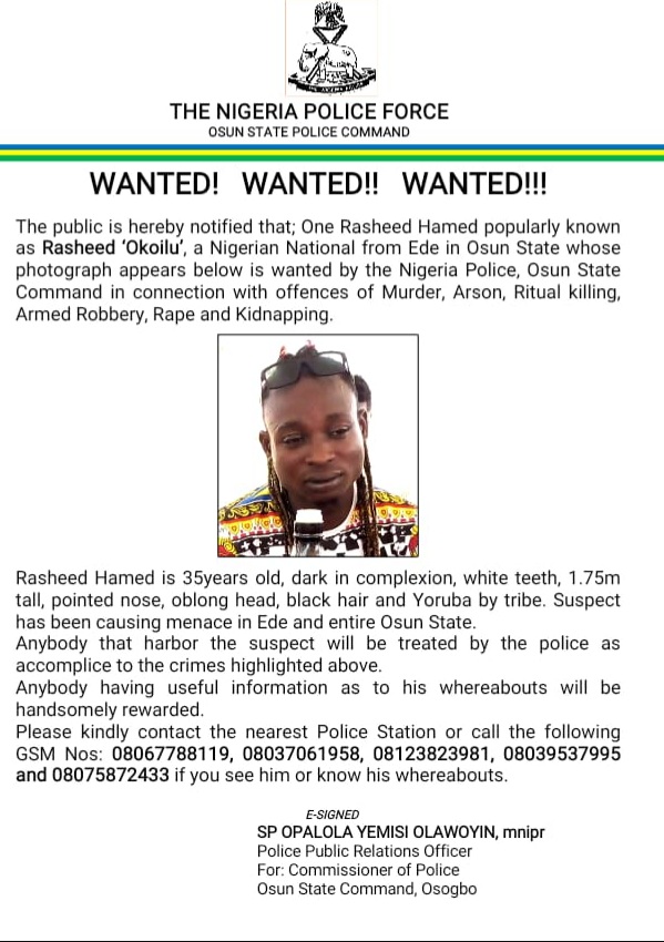 JUST IN: Osun Police Declare  Oko-Ilu, One Other Wanted Over Alleged Murder