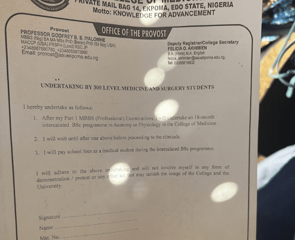 Outrage As Ambrose Alli Varsity Medical Students Asked To Sign Undertaking