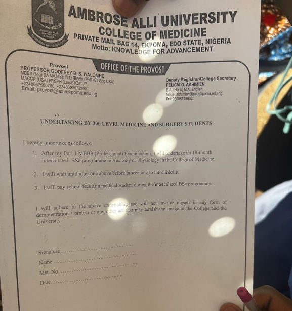 Outrage As Ambrose Alli Varsity Medical Students Asked To Sign Undertaking