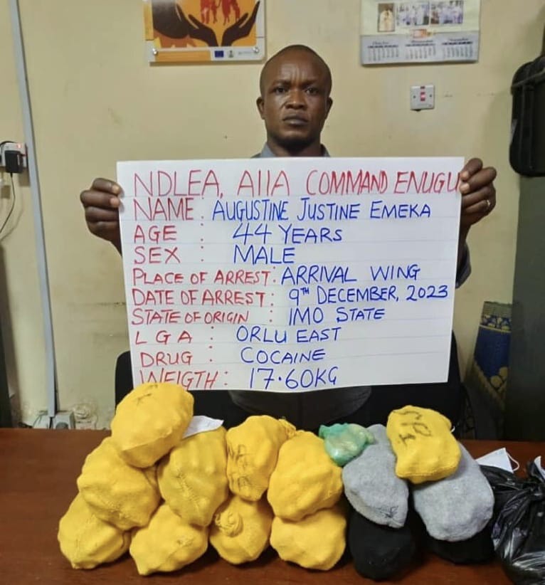 NDLEA Arrest Businessman With 12 Consignments Of Cocaine At Enugu Airport