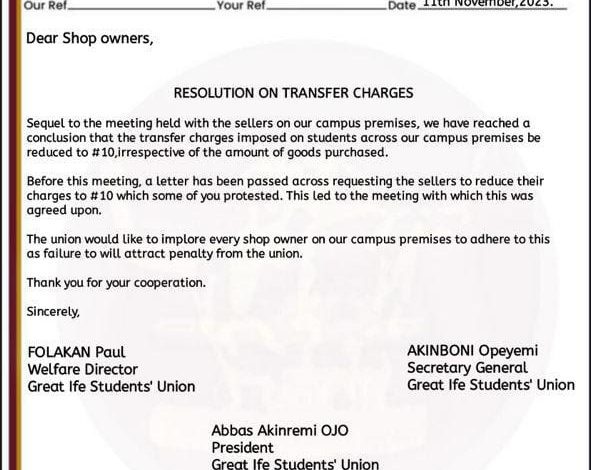 Reactions As OAU SU Directs Shop Owners To Reduce Transfer Charges To #10