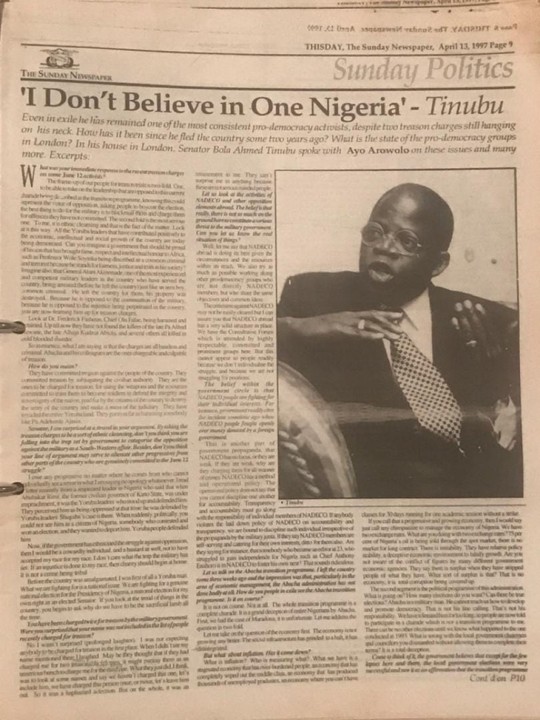 Today In History: I Don’t Believe In One Nigeria – Tinubu