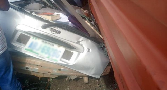 Container Crash On Car Crushes Woman To Death In Lagos